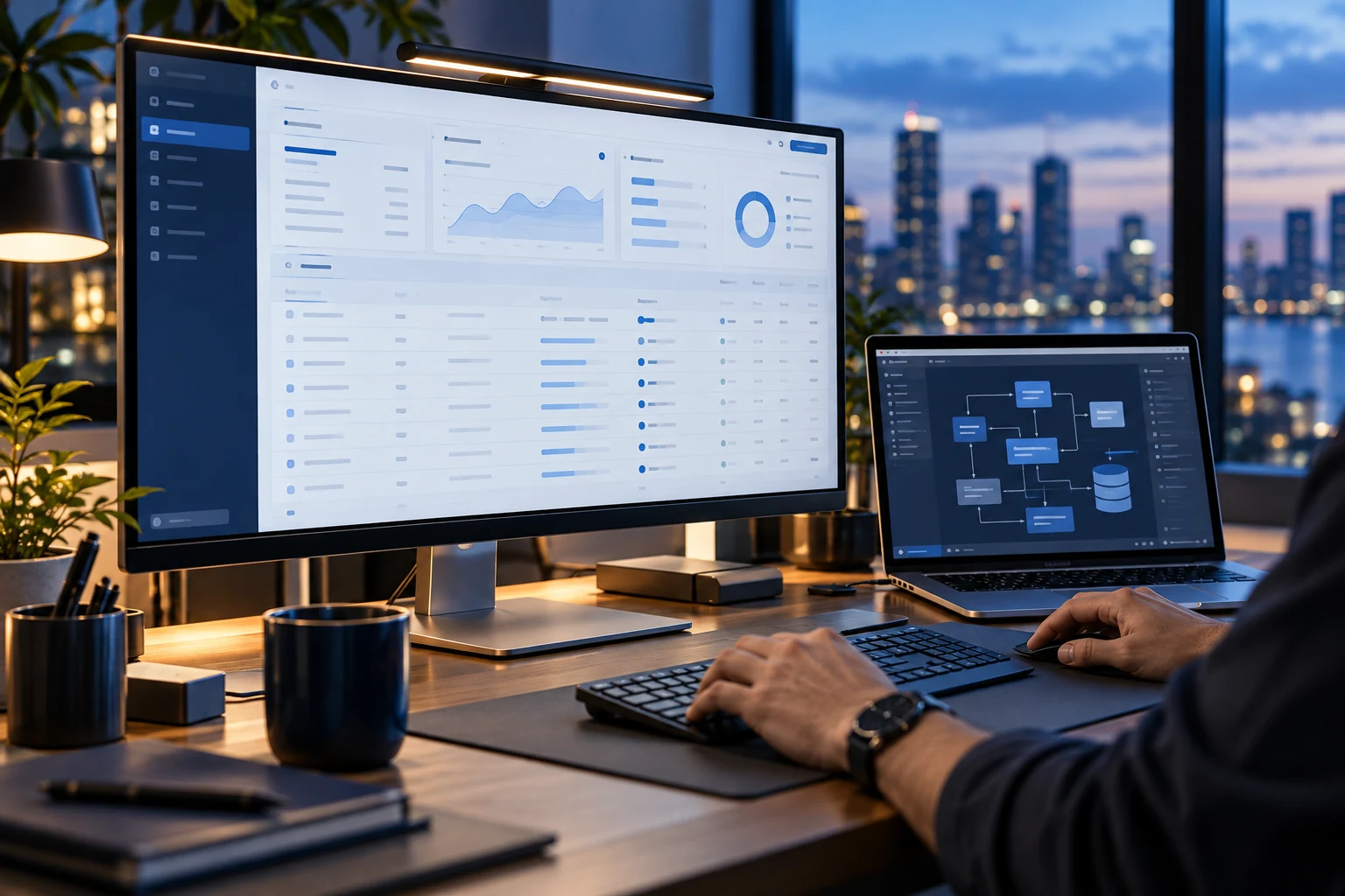 Illustrative custom business application and software architecture on a developer workspace