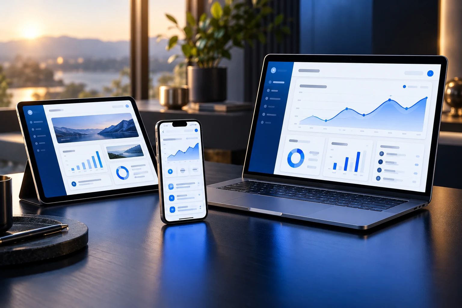 Illustrative application interfaces across a laptop, tablet, and smartphone