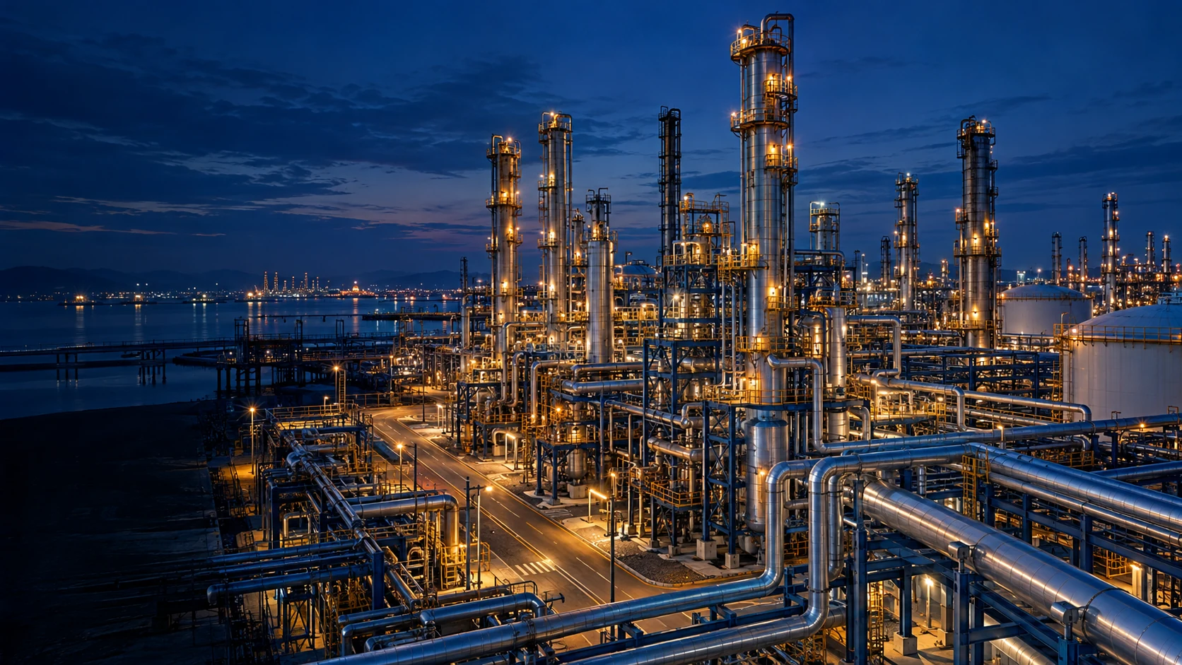 Illustrative oil and gas processing facility at twilight