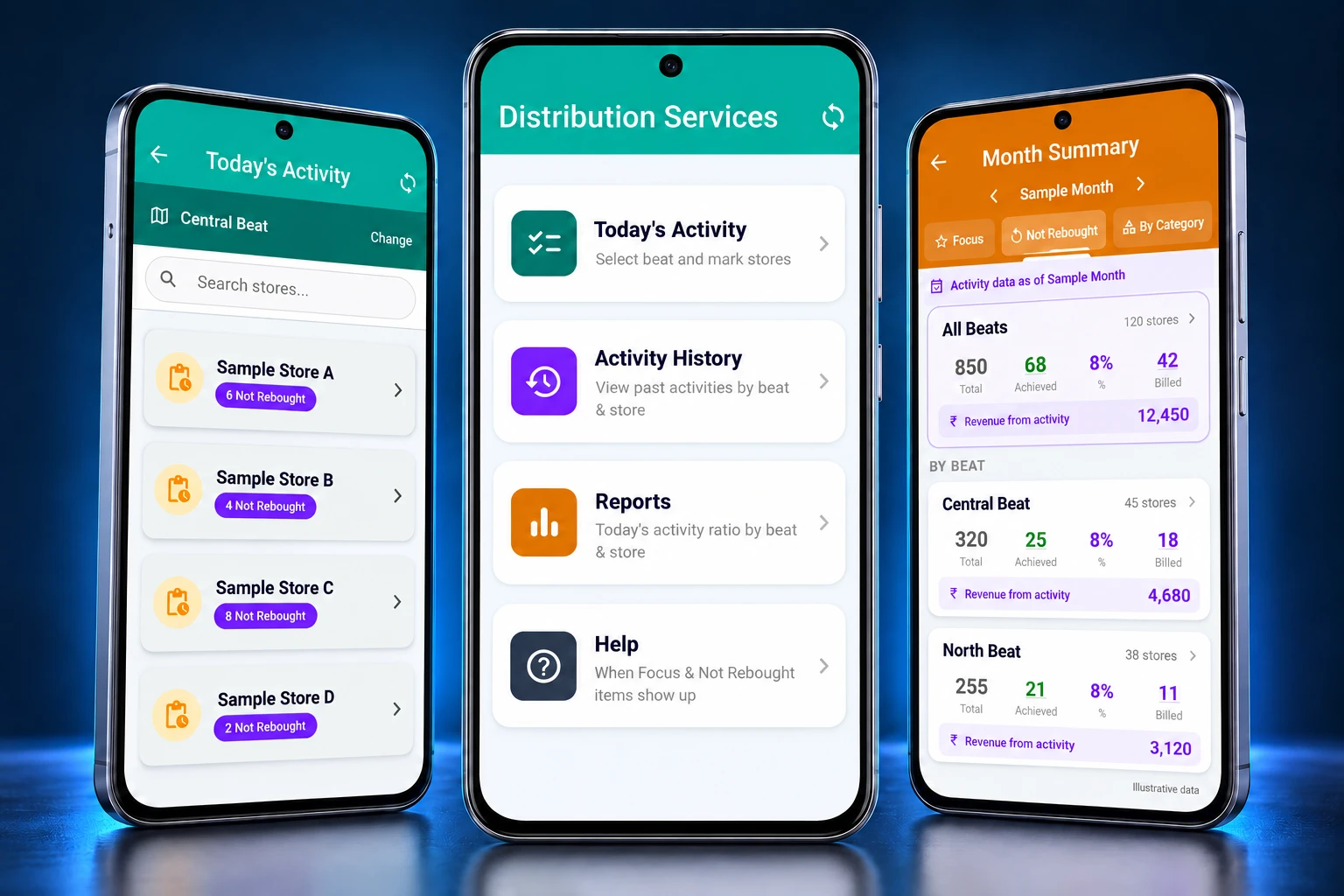 Three Android phones presenting anonymized distribution app screens