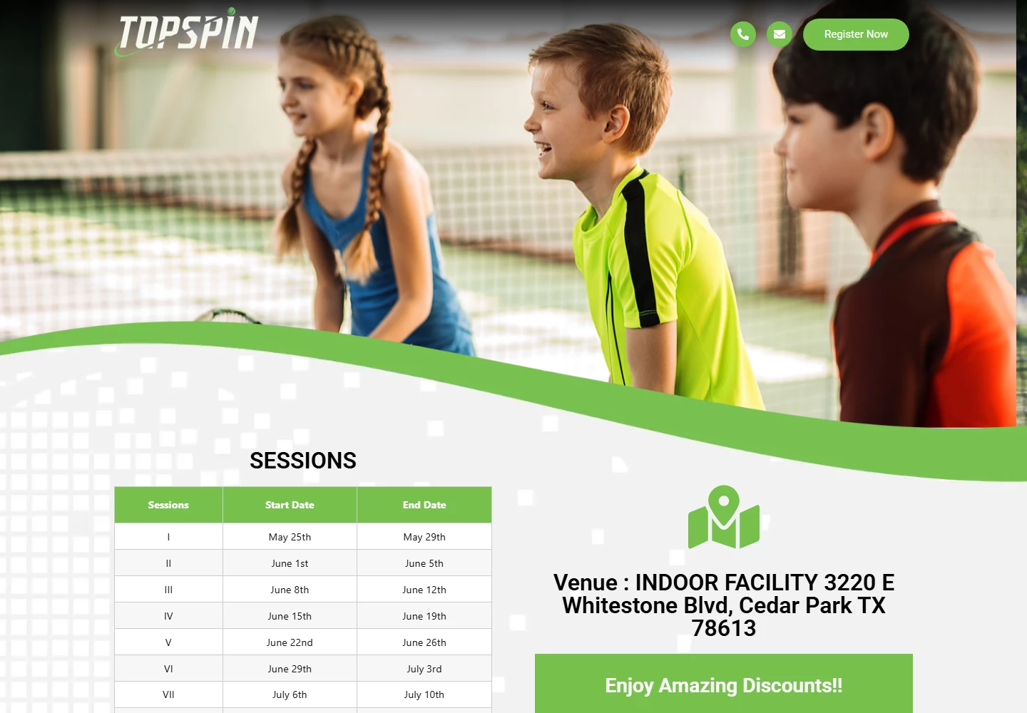 Actual homepage capture of TopSpin Tennis Academy with the newsletter popup dismissed